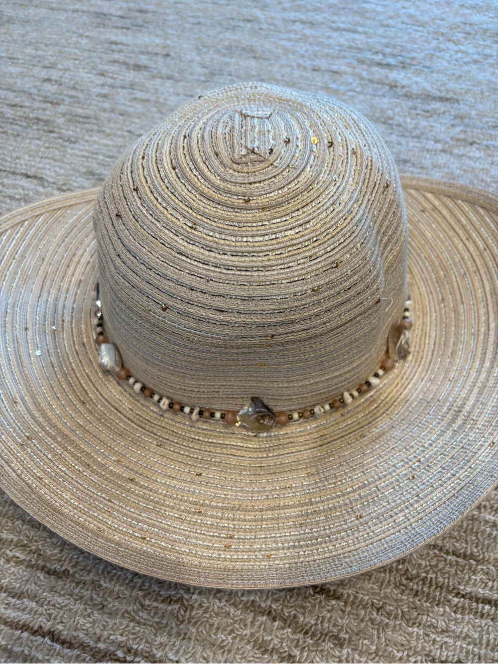 Capelli of New York Natural-Beige Beaded Wide Brim Sun Hat